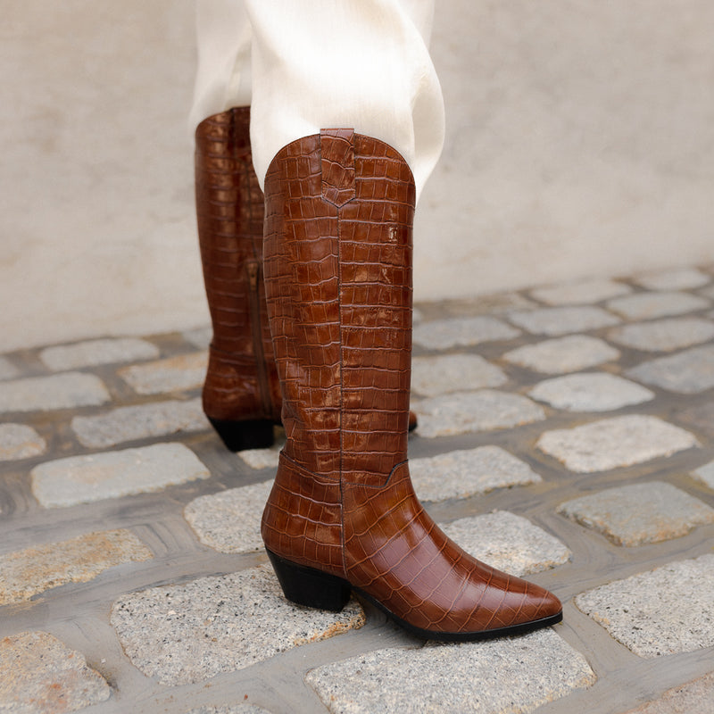 BOOT SELMA BROWN COCO EFFECT LEATHER 4CM