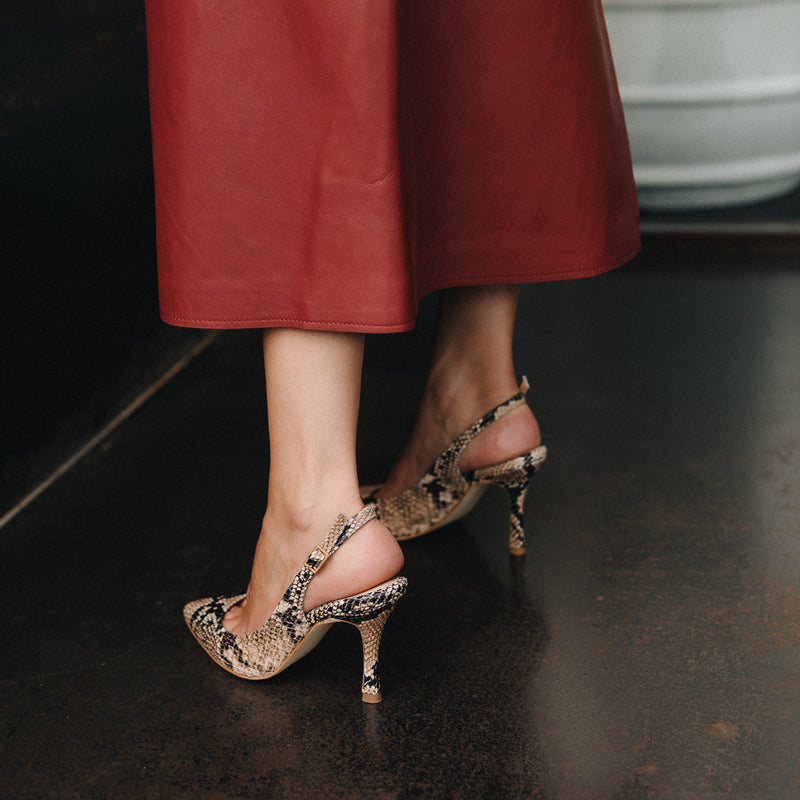 Elegant and comfortable stilettos heeled midi heel 8cm in sand python effect leather
