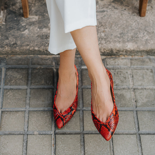 Elegant formal ballerinas perfect for work in red python effect leather