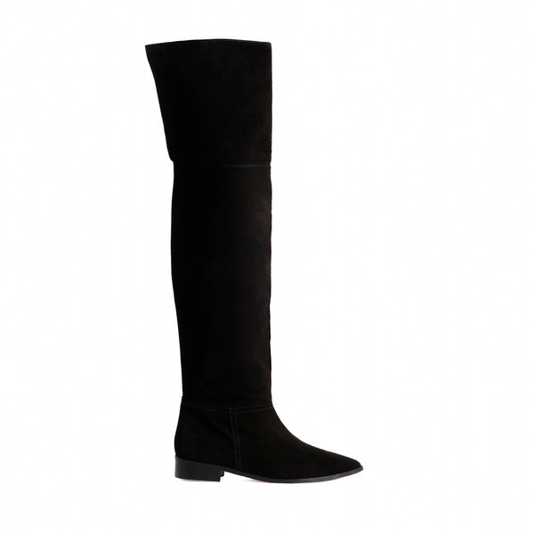 Black suede and leather musketeer boot, a perfect wardrobe essential for the autumn winter season.
