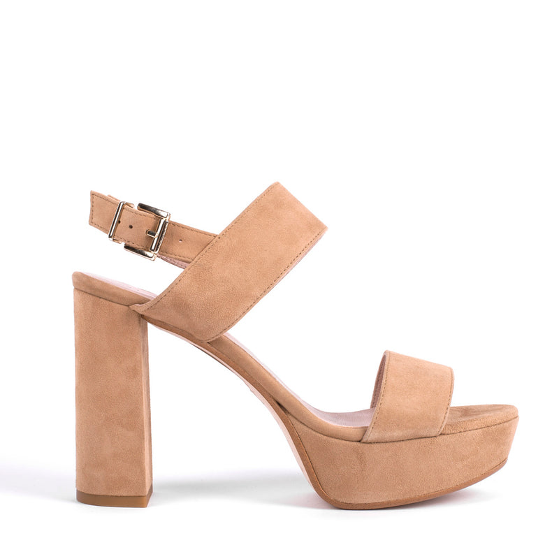 Thick heel sandal with platform in natural suede perfect for brides and guests.
