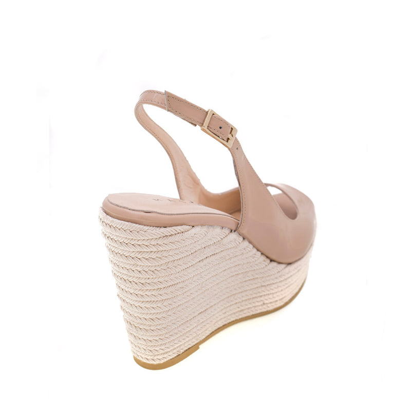 Stylish and comfortable bridal wedges in nude patent leather