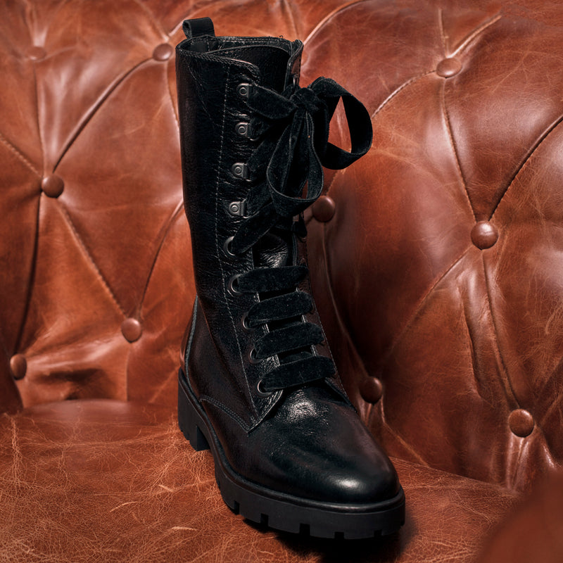 Elegant women's biker boot in black leather with lightweight track sole that weighs nothing.