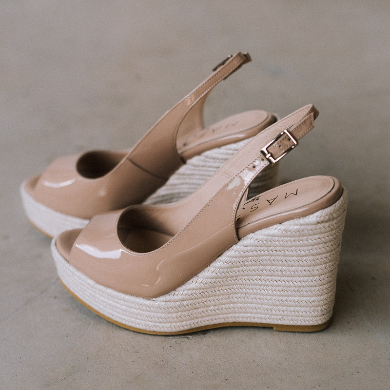 Women's party wedges in beige nude patent leather