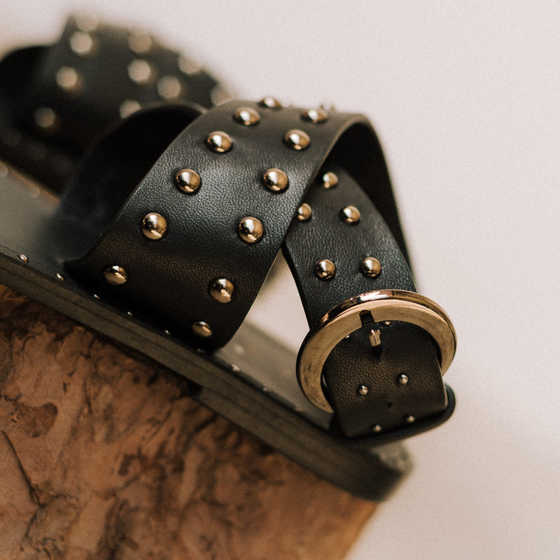 Boho boho chic sandals with golden studs in black leather