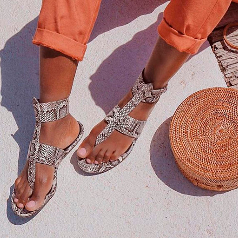 Women's summer flat sandal in python effect leather