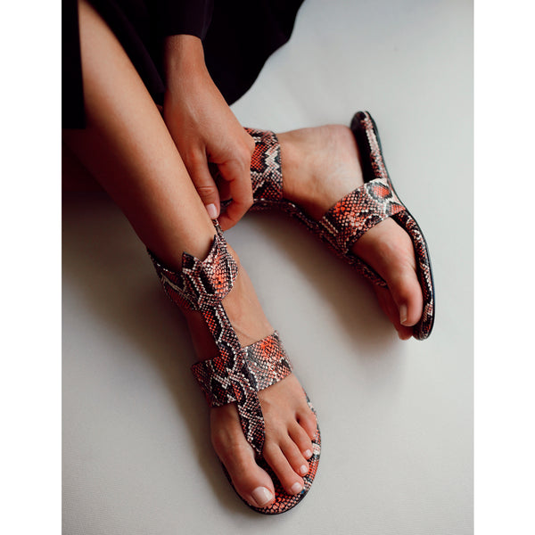 Women's summer flat sandal in red python effect leather