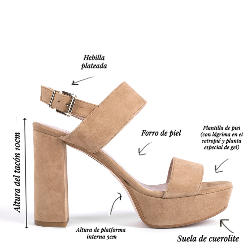 Thick heeled sandal with very comfortable platform in natural suede