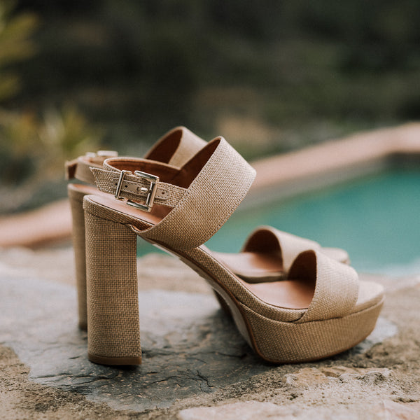 Perfect wedding, christening and communion guest heeled sandal in natural beige linen