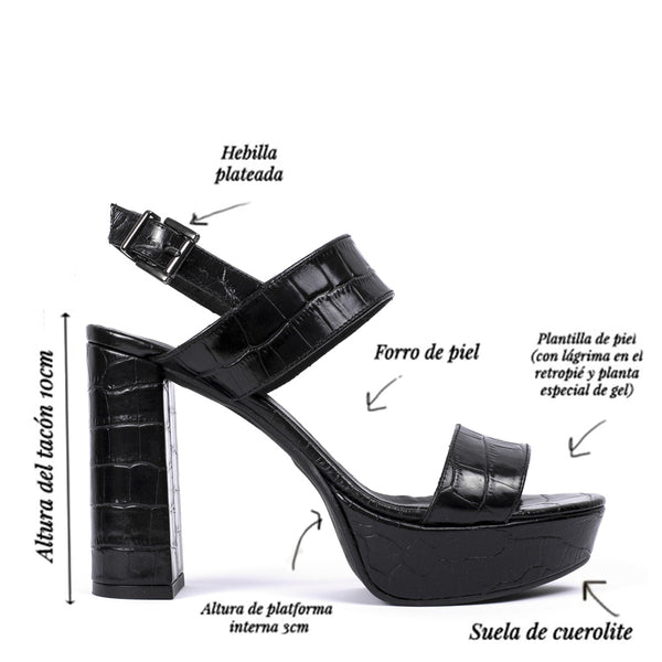 Infografía sandalia de tacón y plataforma Mónica piel efecto coco negro