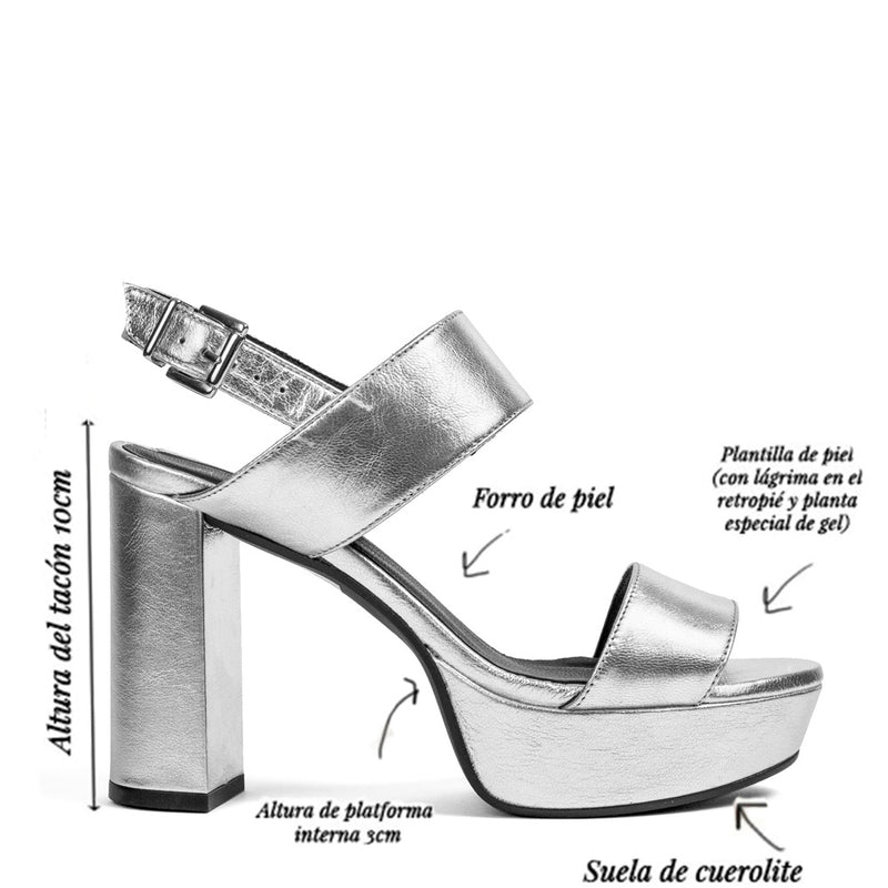 Infographics heel and platform sandal Mónica silver leather