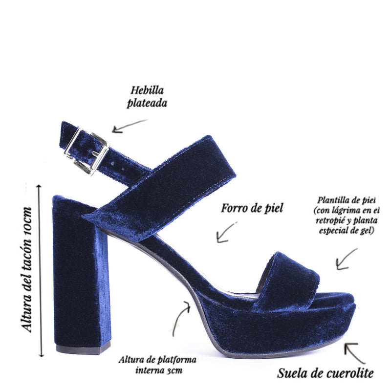 Infographic heel and platform sandal Monica velvet blue