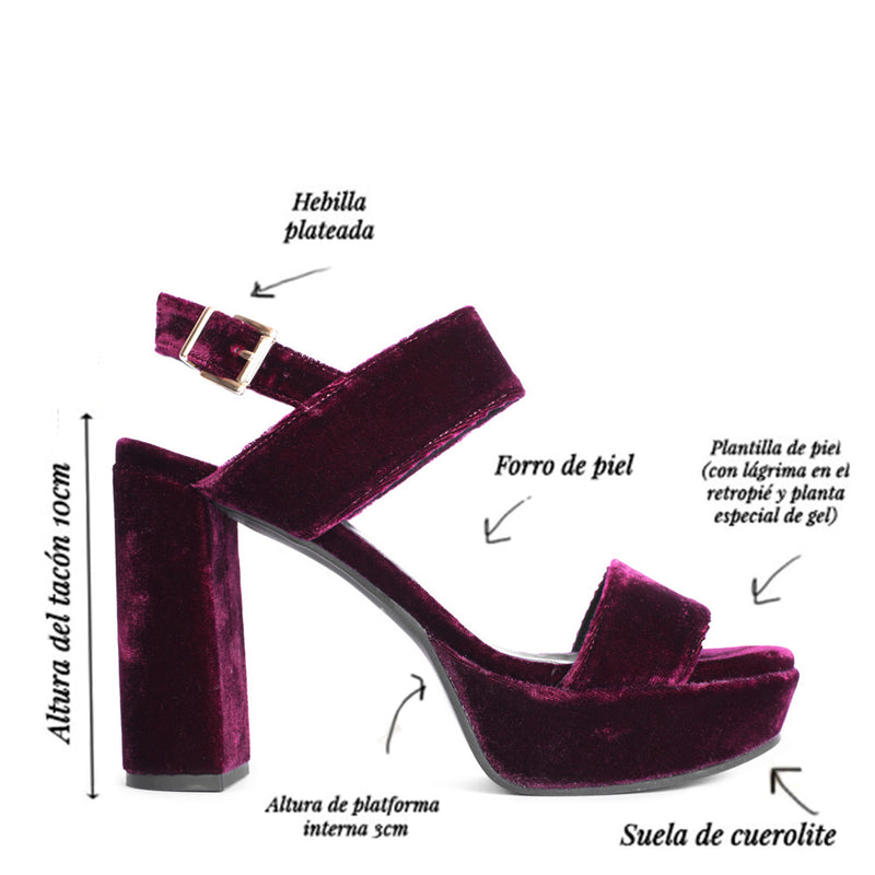Infographic burgundy velvet Monica heel and platform sandal