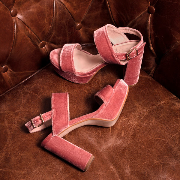 Heel and platform sandal perfect for weddings, christenings and communions in pink velvet