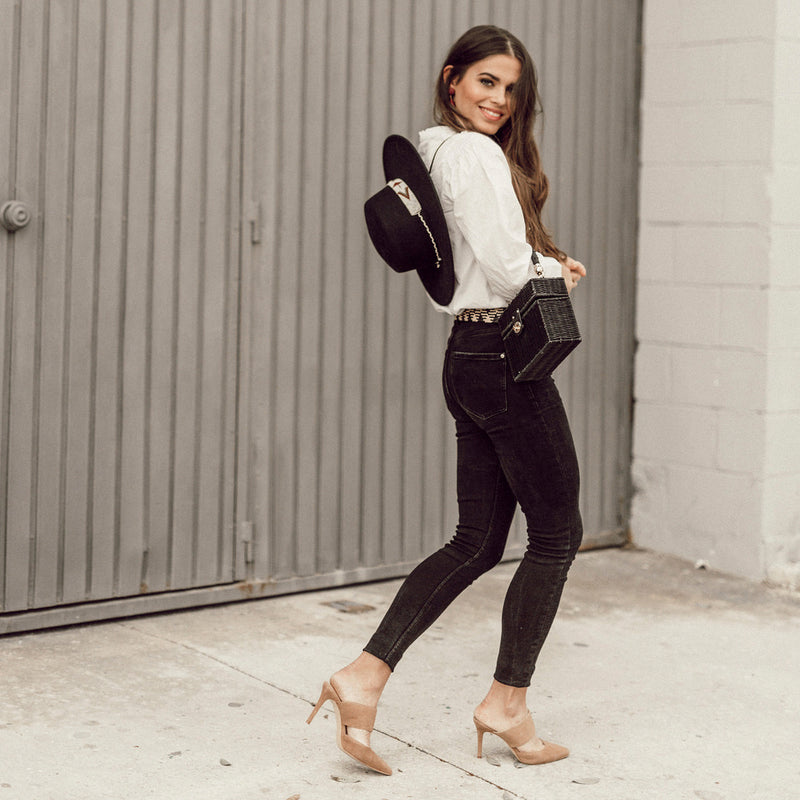 Jessie Chanes street style look with natural suede heeled heels