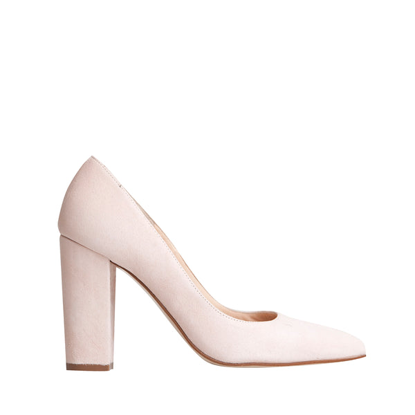 A nude suede stiletto with a chunky heel, a wardrobe essential that goes with everything.