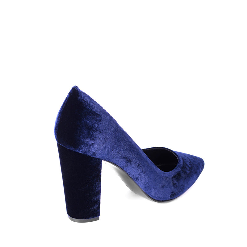 Blue velvet chunky heeled stiletto perfect for formal and casual events.