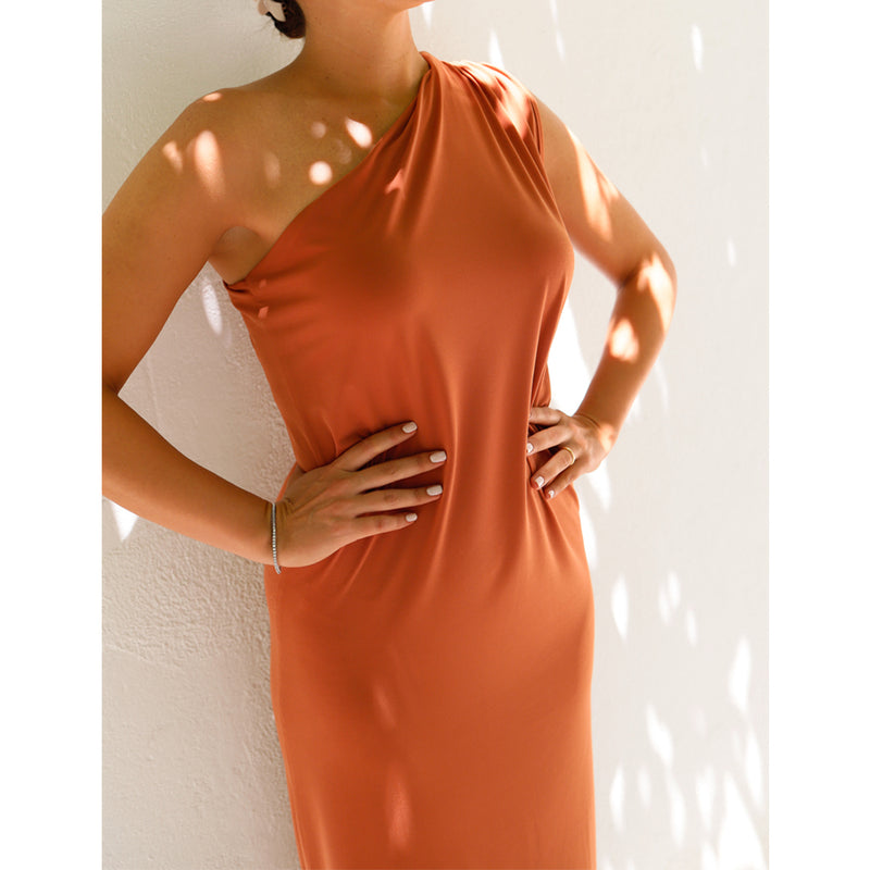 Perfect one shoulder rust colored one shoulder guest dress