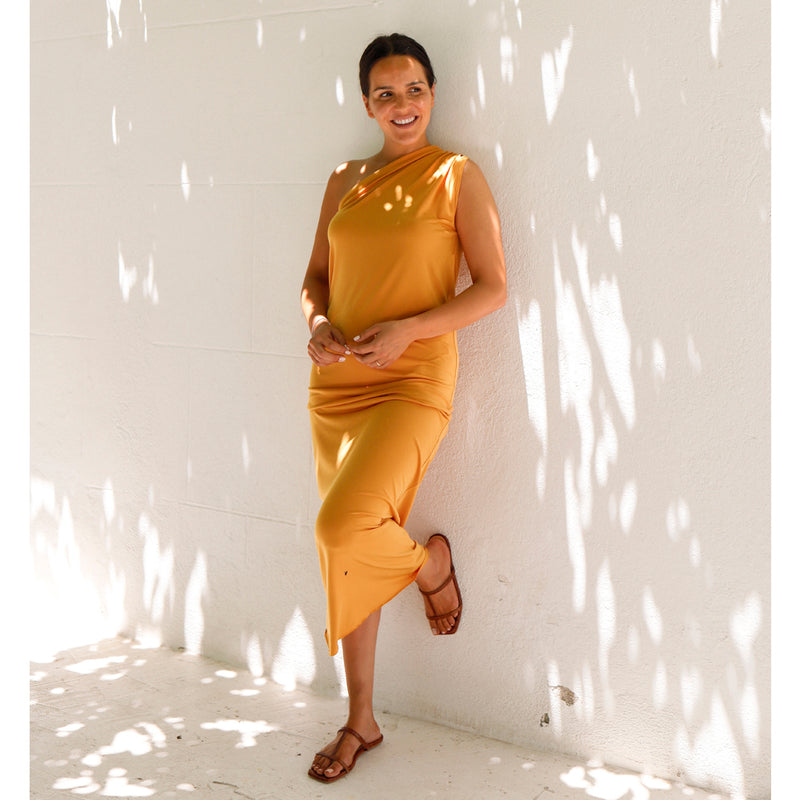 Bare shoulder summer dress mustard color fabric does not wrinkle
