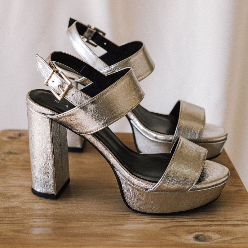 Chunky heeled sandals with a very comfortable platform, perfect for all day wear in silver leather.