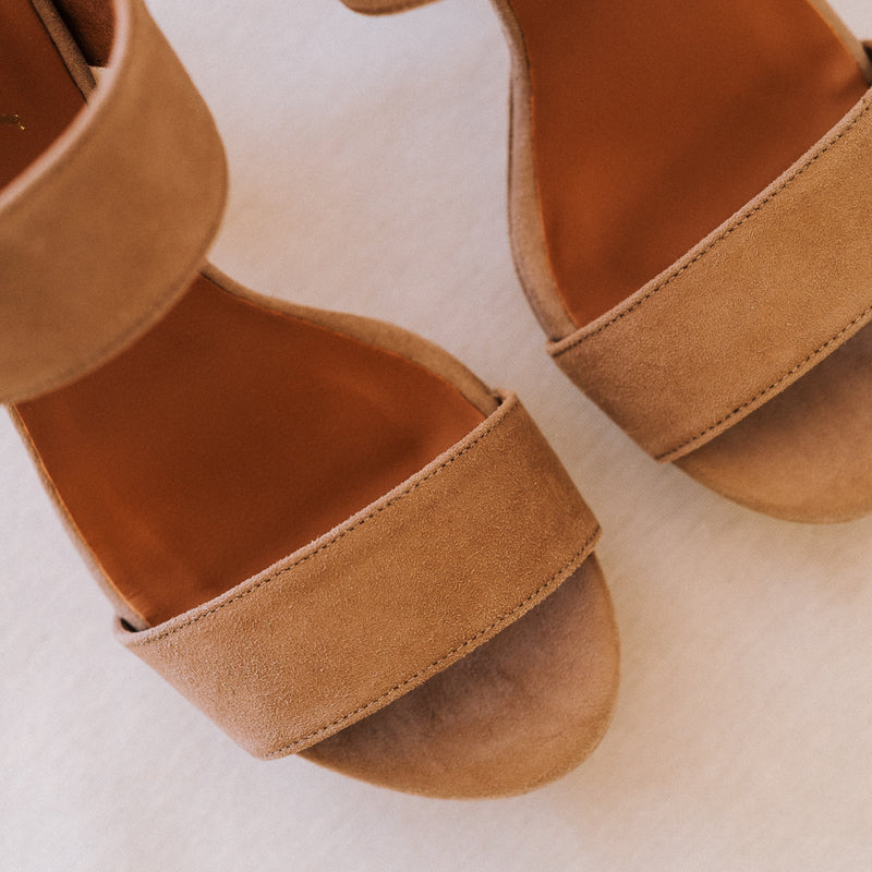 High heeled sandals are a wardrobe staple and go with everything in natural suede.