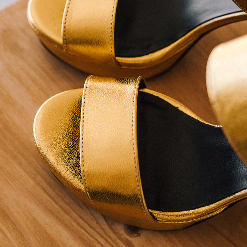 Chunky heeled sandals with a very comfortable platform perfect for all day wear in gold leather