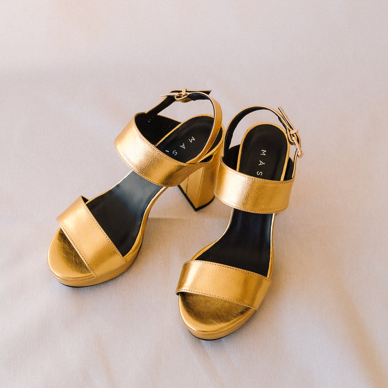 Heel and platform sandals for weddings in gold leather