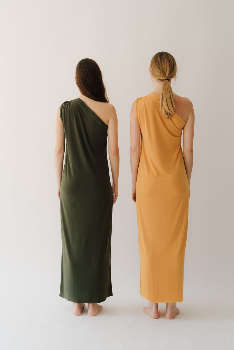 One shoulder party dress in khaki and mustard color