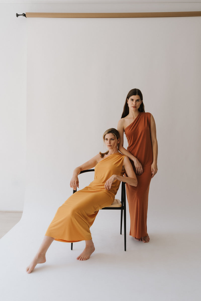 Comfortable and elegant long summer dress in mustard and russet colors