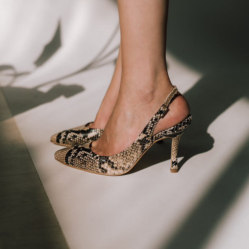 Women's animal print python effect leather sand stilettos 